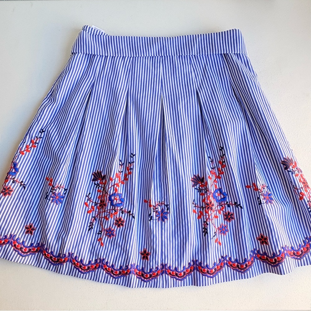 Nine West Blue White Striped & Floral Embroidered Skirt Size 6 Tie Waist A-Line - Picture 5 of 13